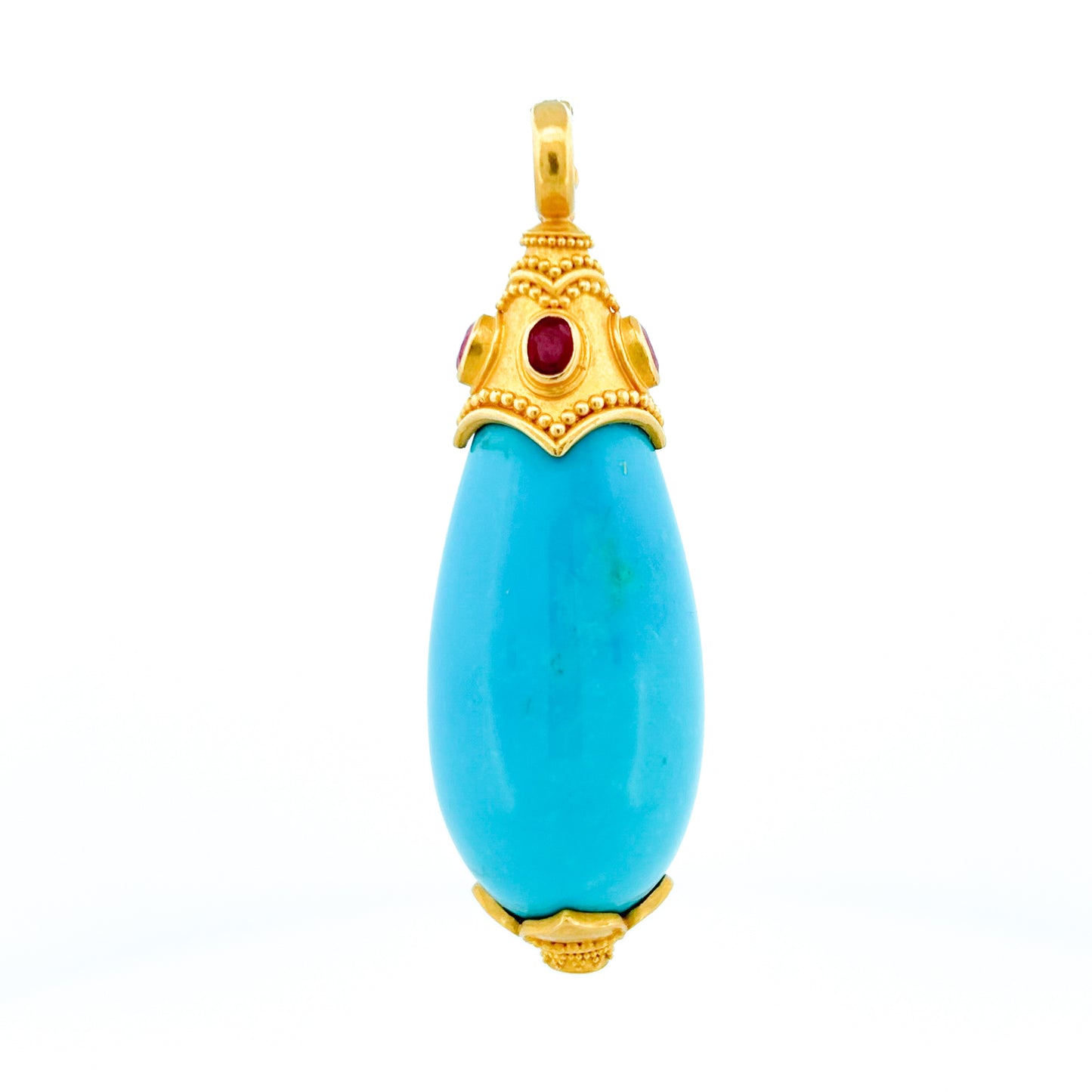"Shivanam" Pendant (Sleeping Beauty Turquoise, Ruby, 22k, 18k Gold)
