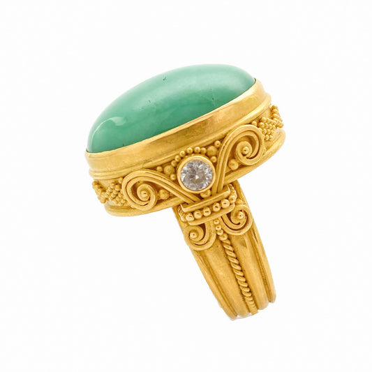 "Fleur De Lys" Ring (Chrysoprase and White Zircon, 22k Gold)