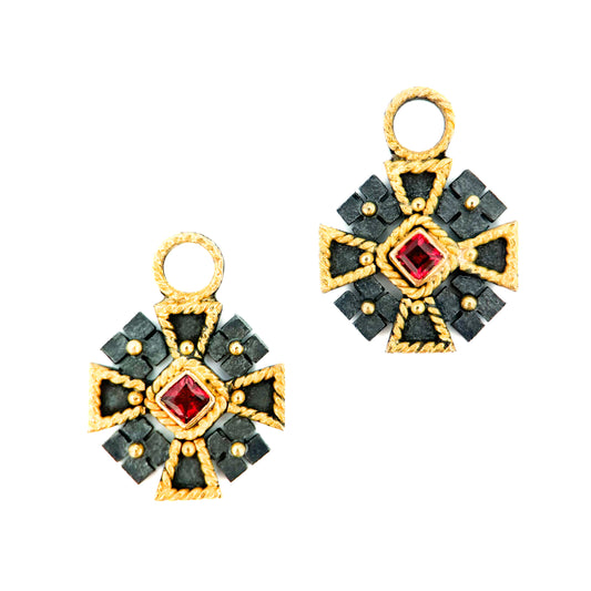 "Maltese Cross" Drops for Hoop Earrings (Red Spinel, 22k, 18k Gold, Oxidized Sterling Silver)
