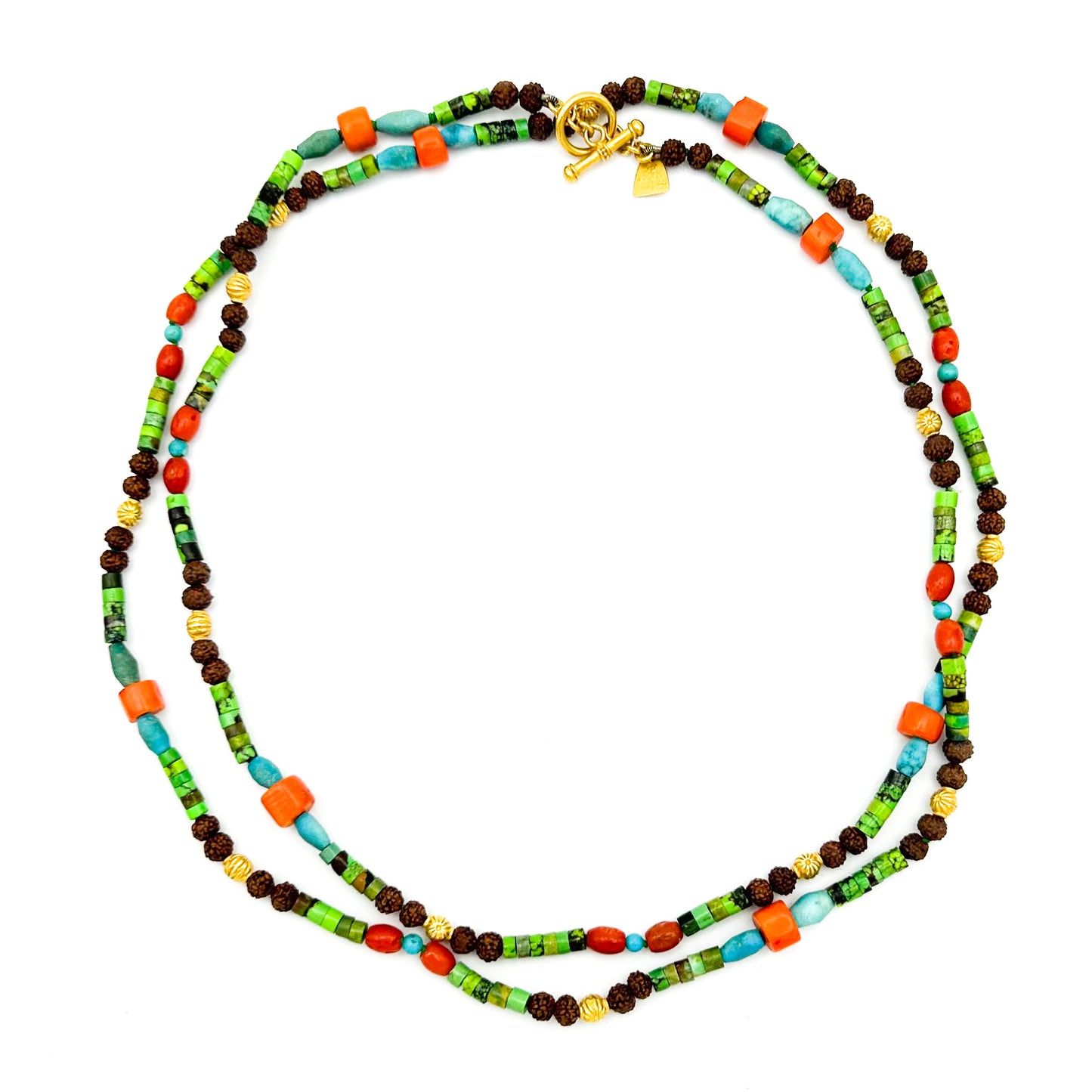 "Woodstock" Necklace (Coral, Turquoise, Gaspeite, Rudraksha, 22k, 18k Gold)
