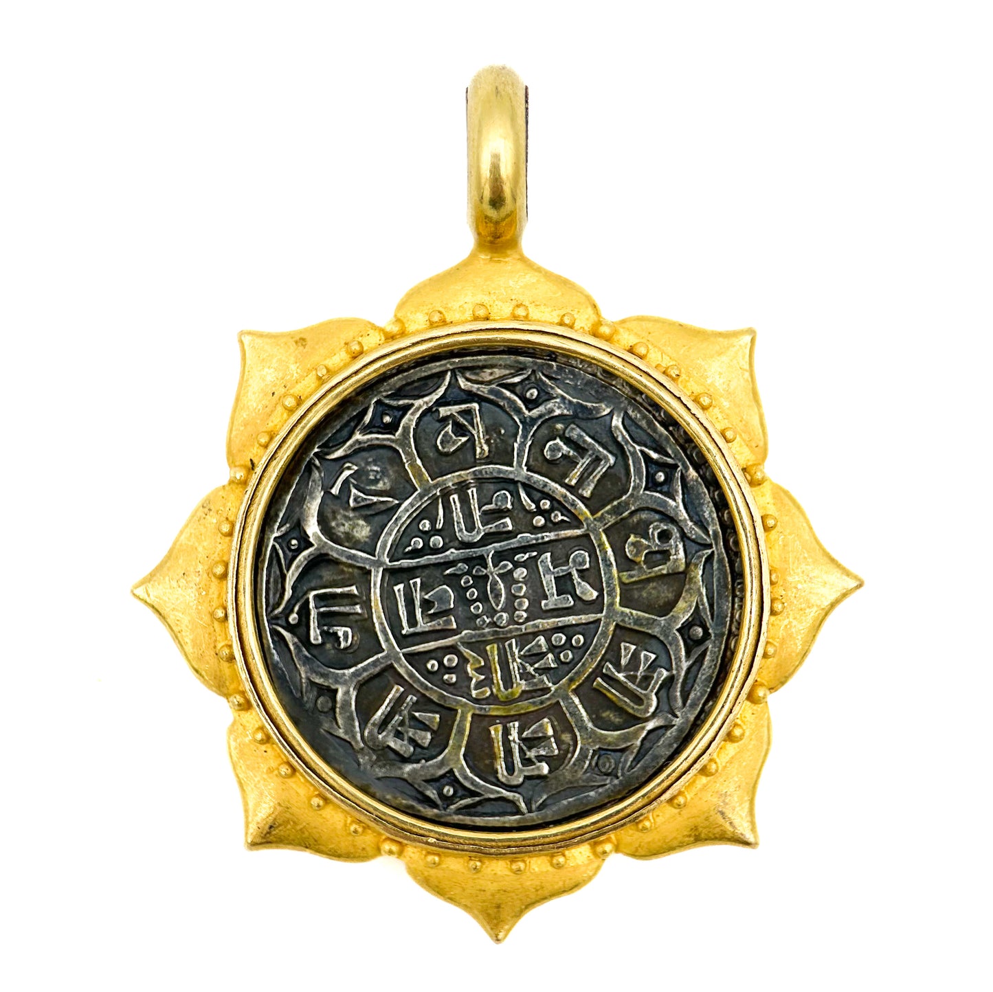 "Lotus Talisman" Pendant (22k Gold, Oxidized Sterling Silver, Australian Opal)