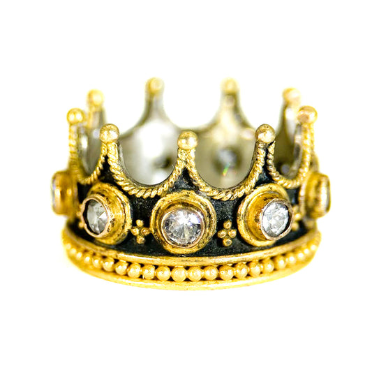 "Gothic Crown Princess" Ring (White Sapphire, 22k, 18k Gold, Oxidized Sterling Silver)