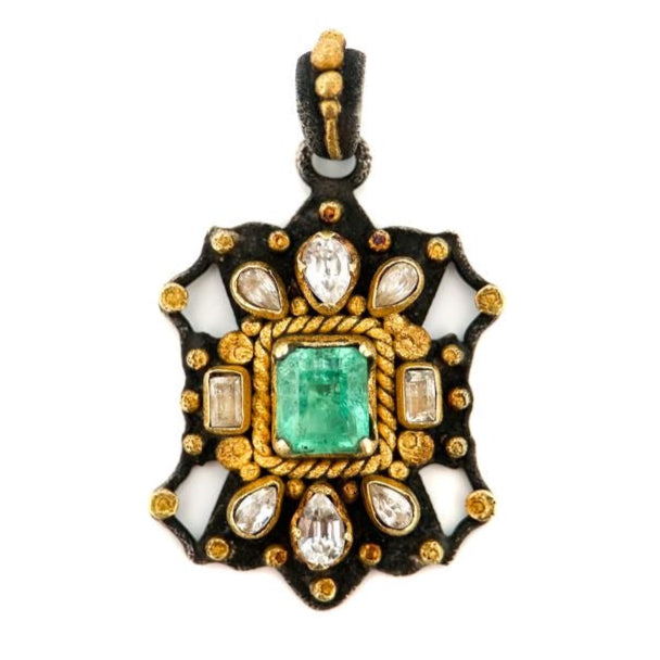 "Damanhur" Pendant (Emerald, White Sapphire, 22k Gold, Oxidized Sterling Silver)