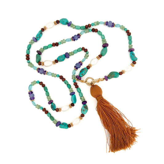 "Udaipur" Necklace (Turquoise, Pearl, Tanzanite, Sugilite, Crystal, Amethyst, Rudraksha, 22k, 18k, Silk)