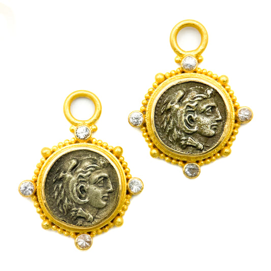 "Sardinia" Drops for Hoop Earrings (Roman Coins, White Sapphire, 22k Gold)