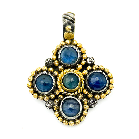 "Mini Maltese" Pendant (Blue Sapphire, 22k Gold, Oxidized Sterling Silver)