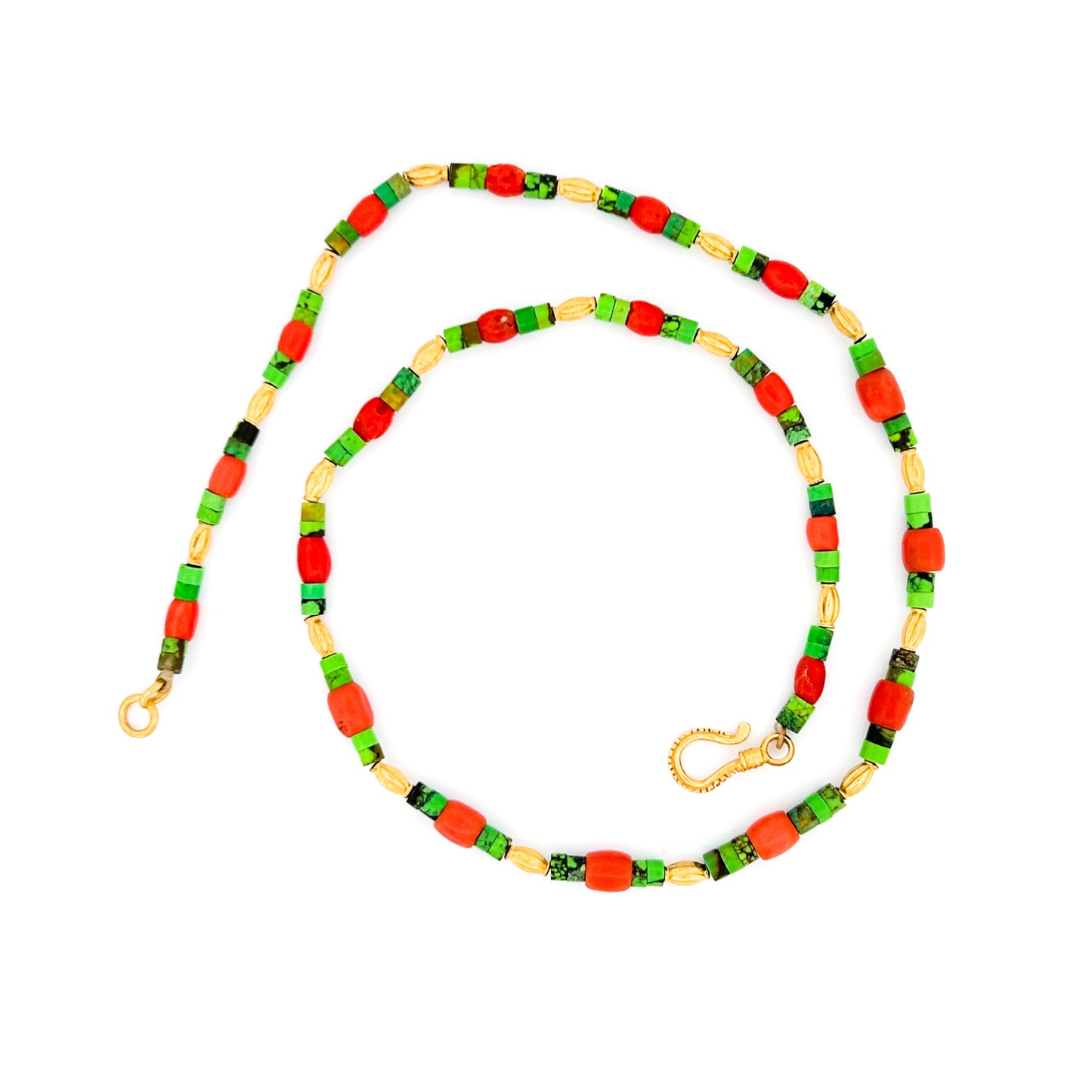 "Fluted Lola" Necklace (Turquoise, Coral, Gaspeite, 22k, 18k Gold)