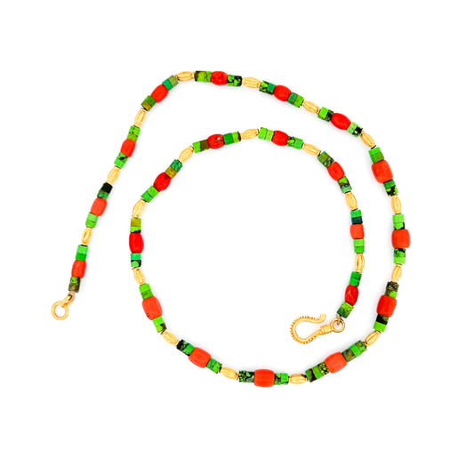 "Fluted Lola" Necklace (Turquoise, Coral, Gaspeite, 22k, 18k Gold)