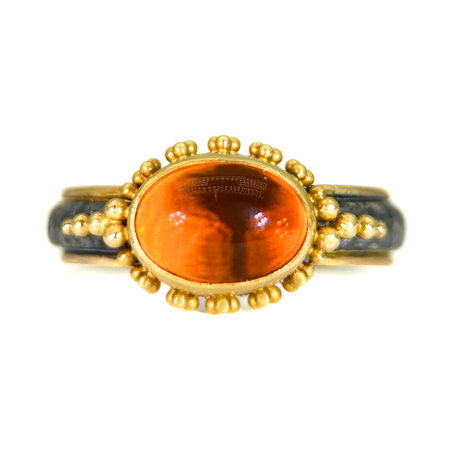 "Khalisi" Ring (Mexican Fire Opal, 22k, 18k Gold, Oxidized Sterling Silver)