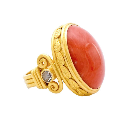 "Corinthia Column" Ring (Italian Coral, Diamond, 22k Gold)