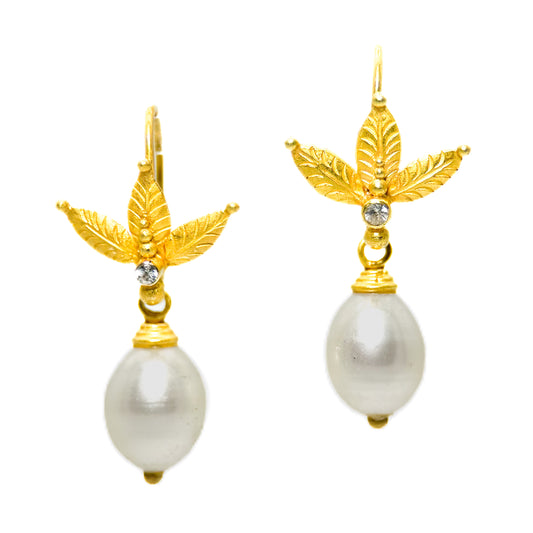 "Honey Flower Pearl Drops" Hook Earrings (Pearl, Diamond, 22k, 18k Gold)