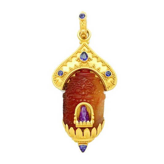 "Buddha Stupa Candi" Pendant (Carnelian, Sugilite, Purple Sapphire, 22k Gold)