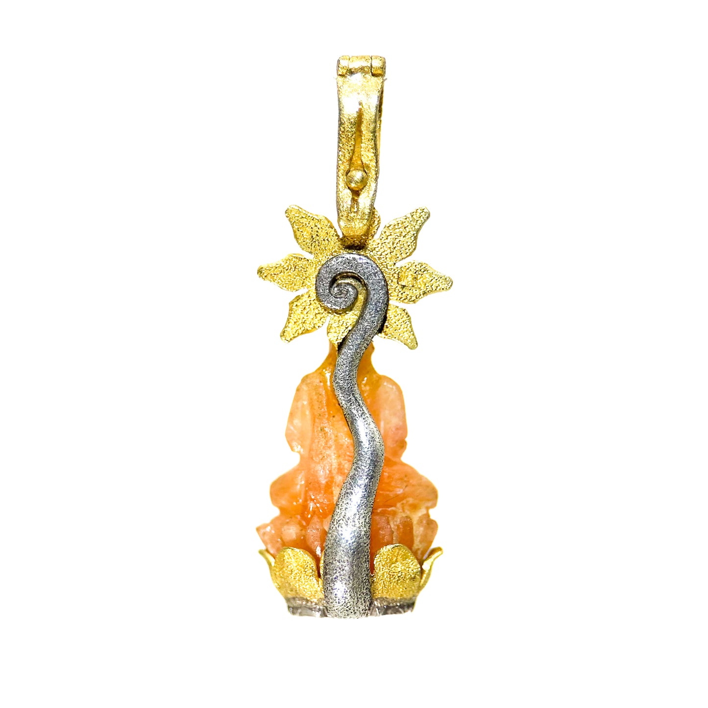 "Moksha Star" Pendant (Carved Mandarin Garnet, 22k, 18k Gold, Sterling Silver)