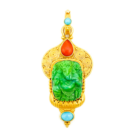 "Temple of Ganesh" Pendant (Green Turquoise, Italian Coral, Sleeping Beauty Turquoise, 22k Gold)