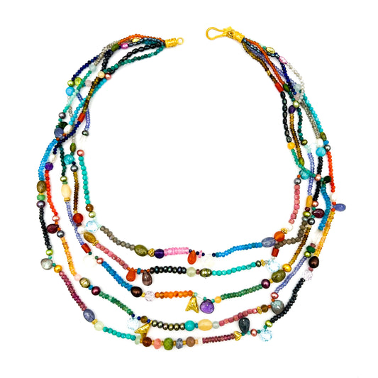 "Cool Lana Charm" Necklace (Mixed Gemstone Beads, Pearl, 22k, 18k Gold)