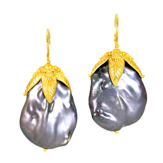 "Four Leaf" Hook Earrings (Freshwater Baroque Pearl, 22k, 18k Gold)