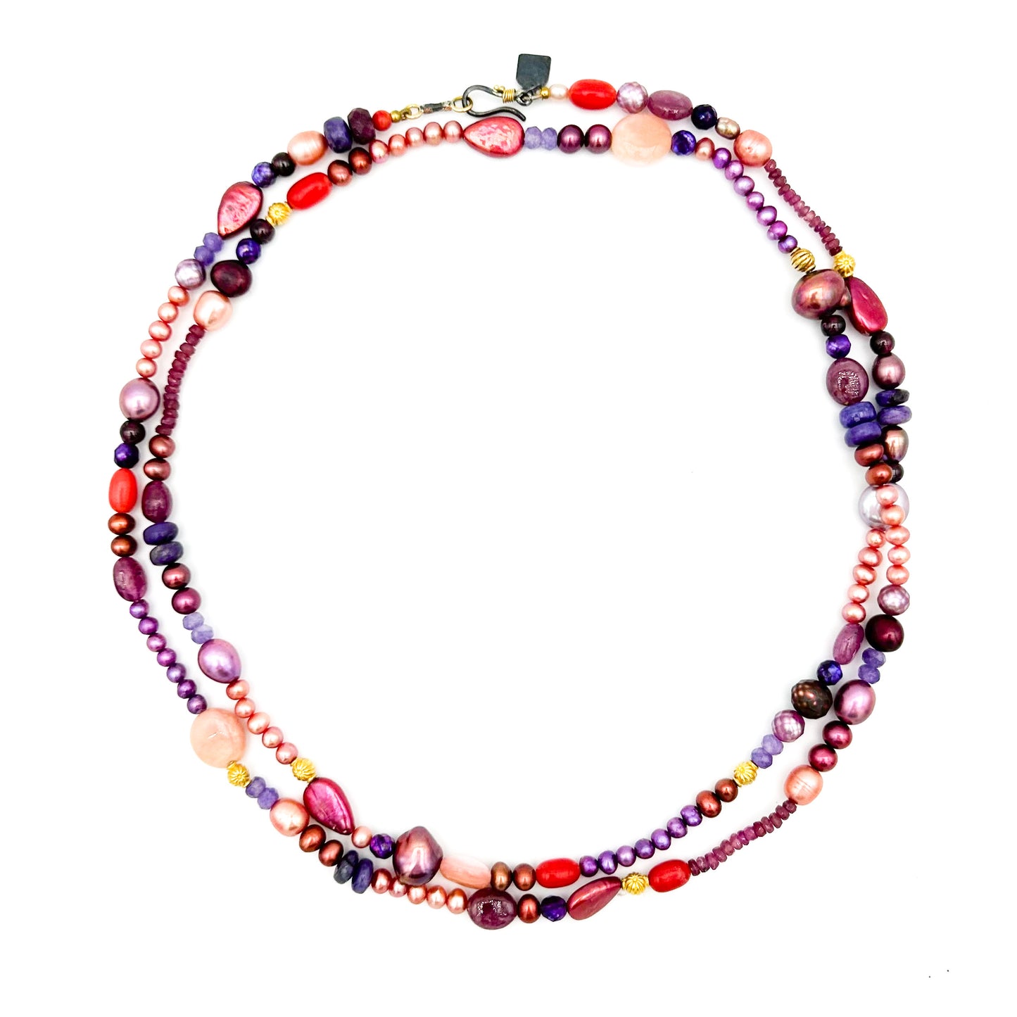 "Woodstock" Necklace (Pink Opal, Pearl, Ruby, Sugilite, Coral, Garnet, Tourmaline, Amethyst, 22k, 18k Gold, Oxidized Sterling Silver