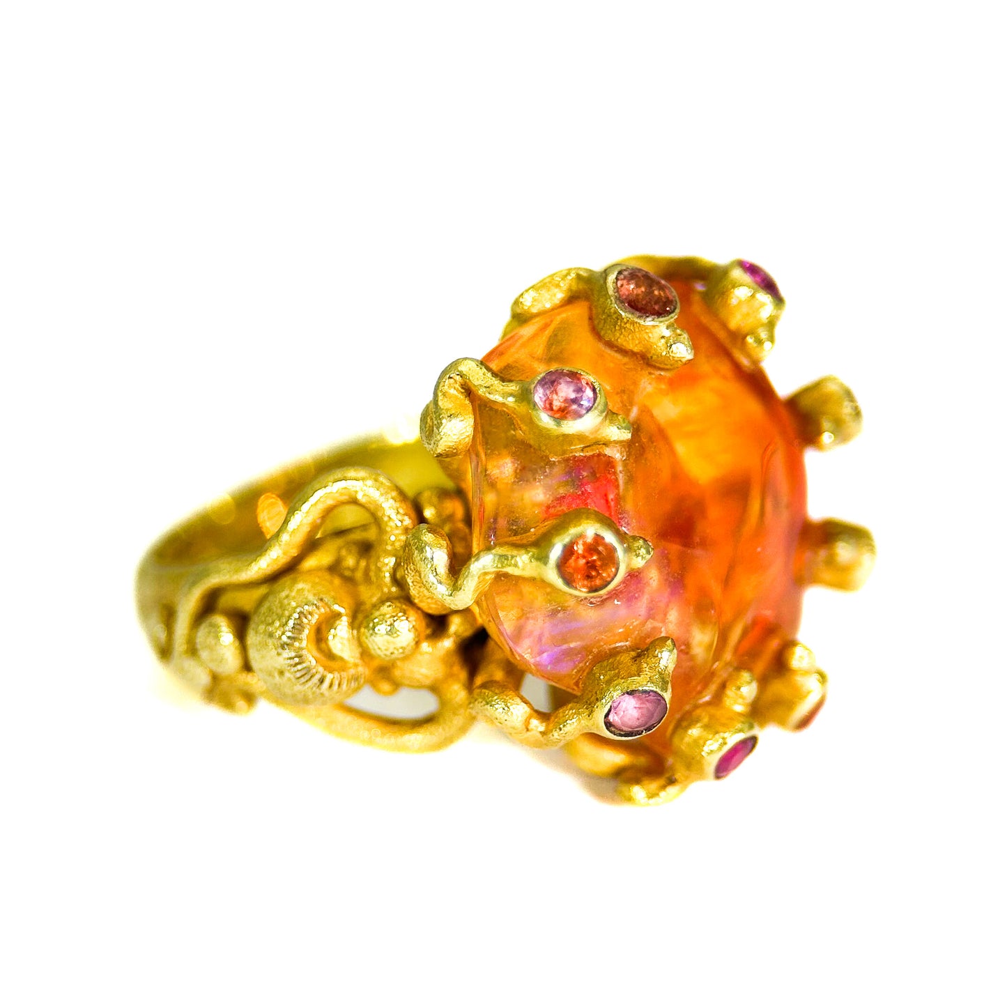 "Fiery Octopus" (Mexican Fire Opal, Pink & Orange Sapphire, 22k Gold)