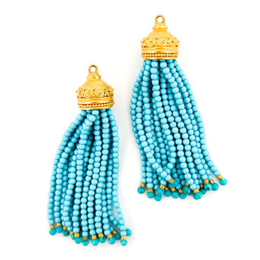 "Spiral Cap" Tassel Drops for Hook Earrings (Sleeping Beauty Turquoise, 22k Gold)