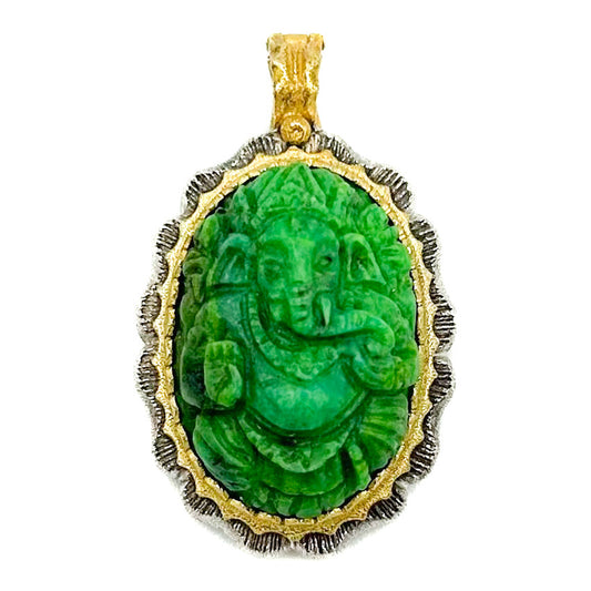 "Moon Lotus Ganesh" Pendant (Green Turquoise, 22k, 18k Gold, Sterling Silver)