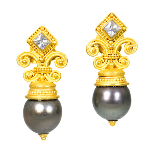 "Fleur de Lys" Earrings (Tahitian Pearl, White Zircon, 22k, 18k Gold)