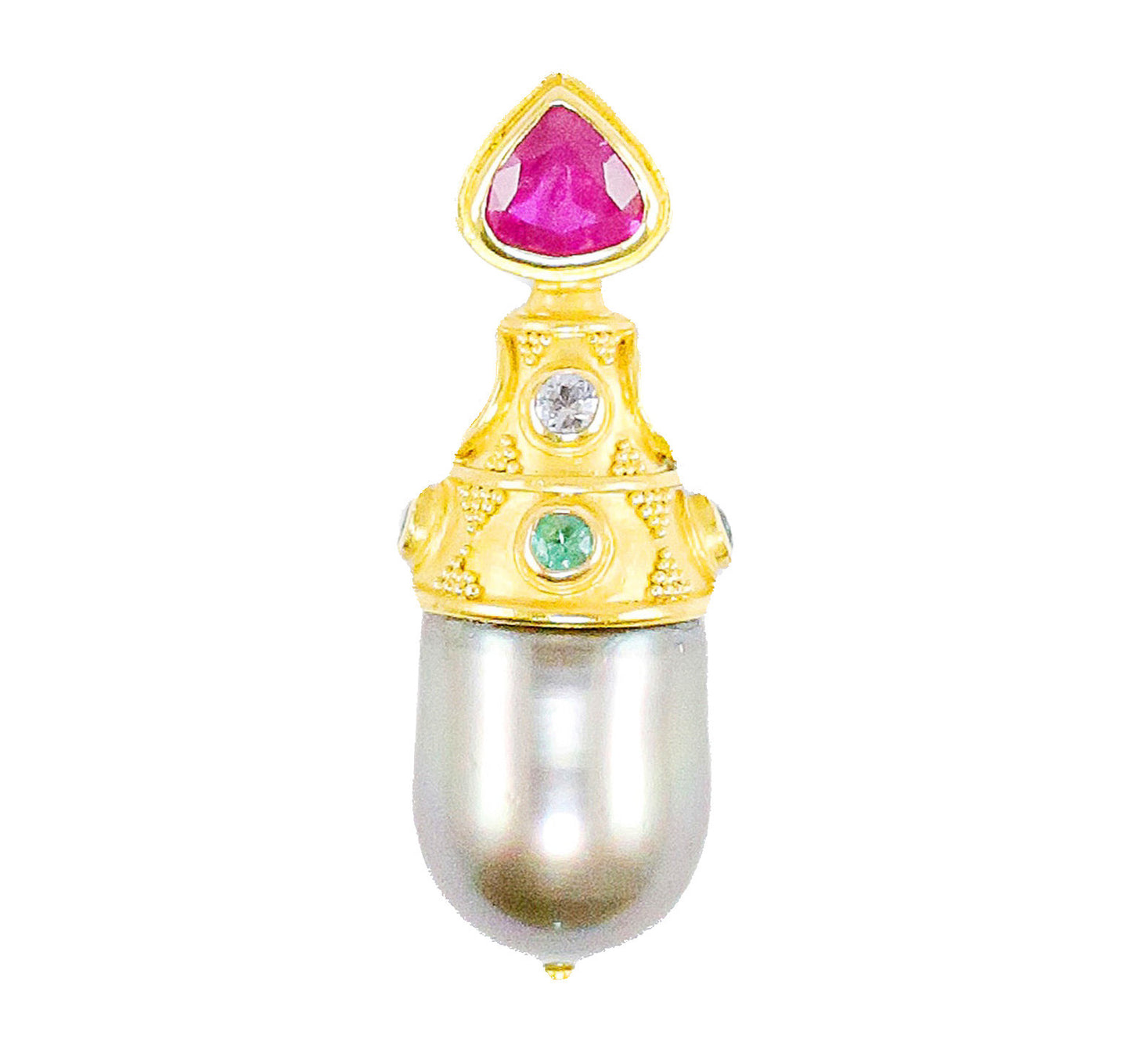 "Aphrodite" Pendant (Tahitian Pearl, Ruby, Paraiba Tourmaline, Diamond, 22k Gold)