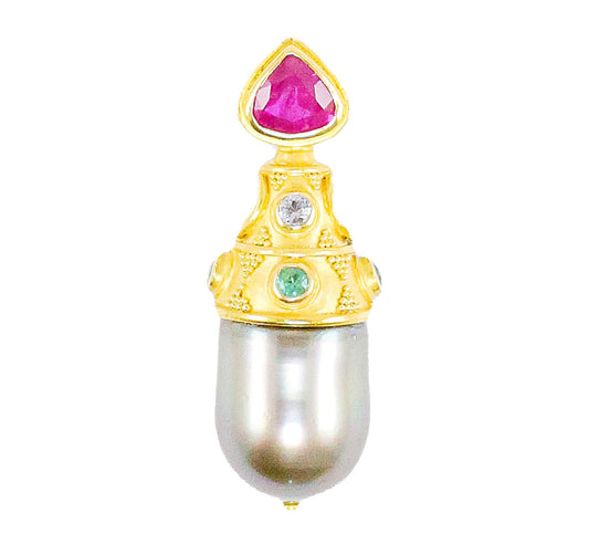 "Aphrodite" Pendant (Tahitian Pearl, Ruby, Paraiba Tourmaline, Diamond, 22k Gold)