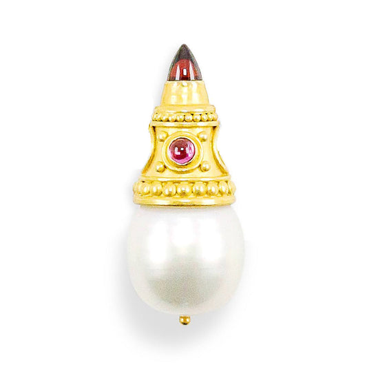 "Apollo" Pendant (South Sea Pearl, Pink Tourmaline, Garnet, 22k Gold)