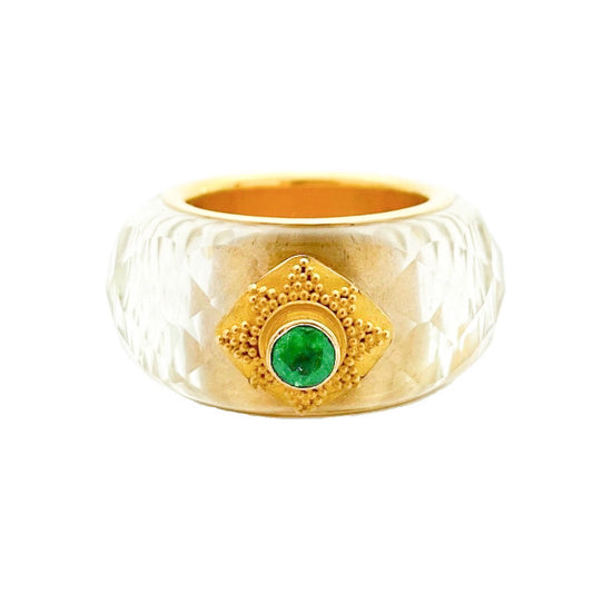 "Moongate" Band Ring (Faceted Quartz Crystal, Emerald, 18k Gold)
