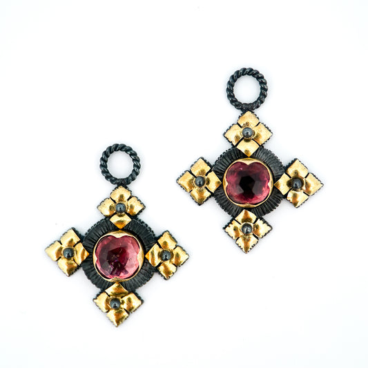 "Malta" Drops for Hoop Earrings (Rubellite Tourmaline, 22k, 18k, Oxidized Sterling Silver)