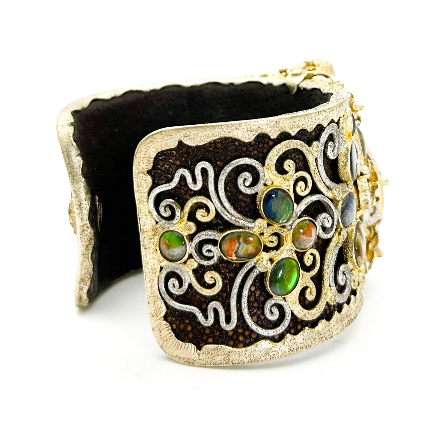 "Ammonita Arabesque" Bracelet (Ammolite, Sterling Silver, 22k Gold Vermeil, Leather)