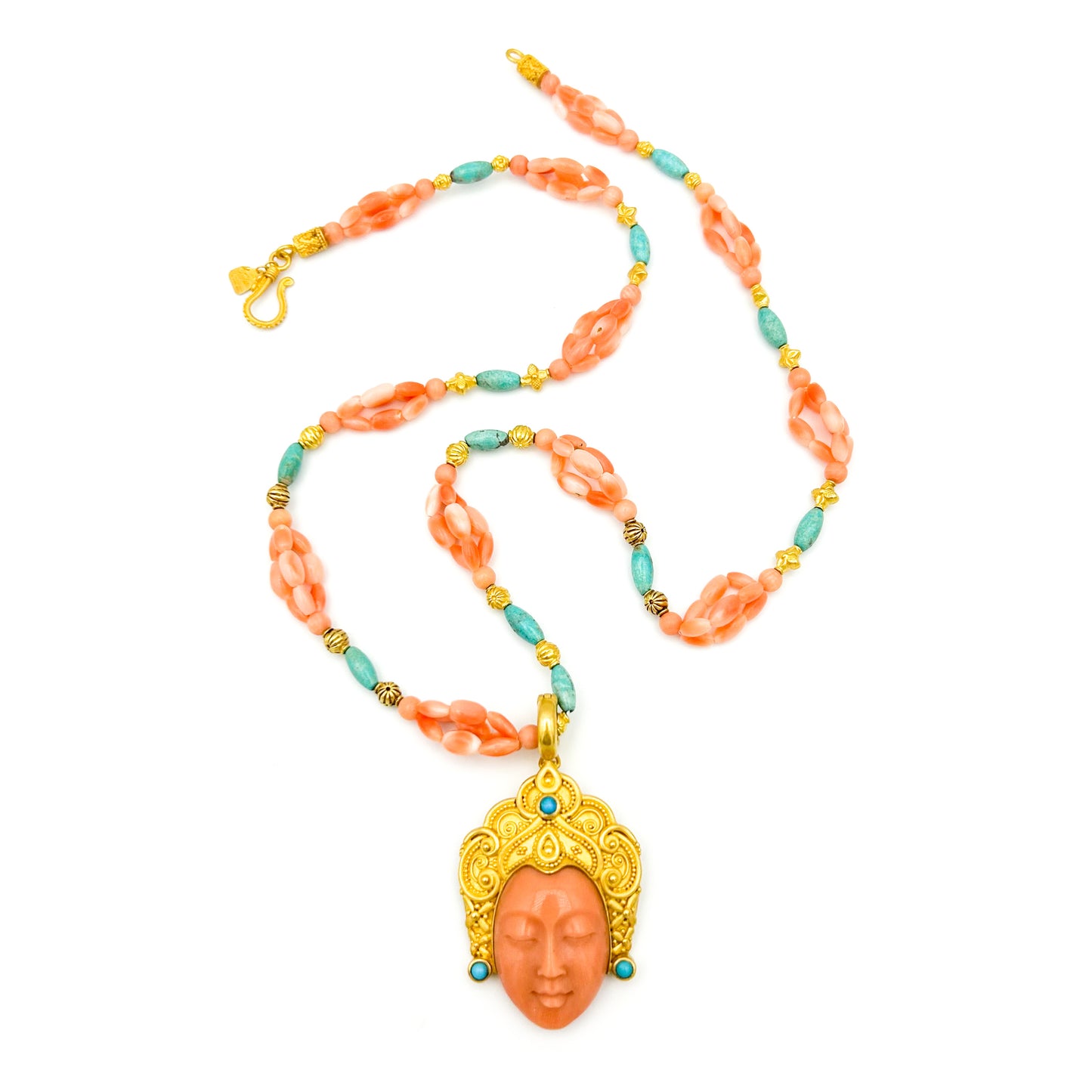 "Bali Goddess" Pendant (Mediterranean Coral, Sleeping Beauty Turquoise, 22k Gold)