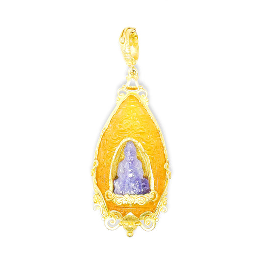 "Candi Buddha" Pendant (Amber, Tanzanite, 22k, 18k Gold)