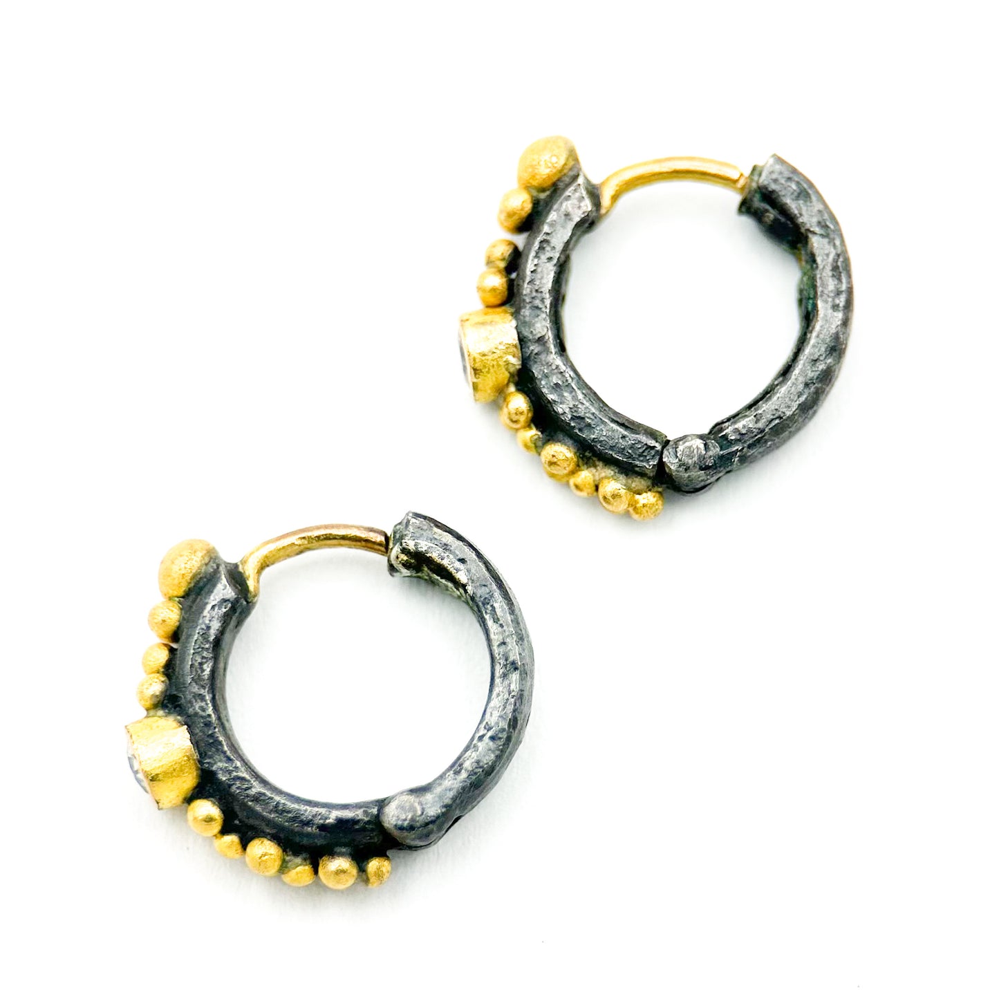 "Gothic Angela" Huggie Hoops (White Sapphire, 22k, 18k Gold, Oxidized Sterling Silver)