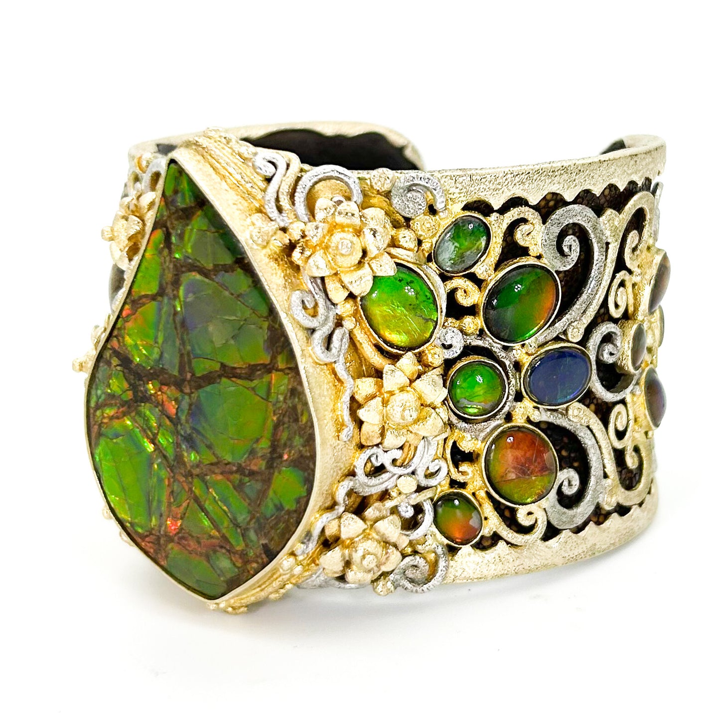 "Ammonita Arabesque" Bracelet (Ammolite, Sterling Silver, 22k Gold Vermeil, Leather)