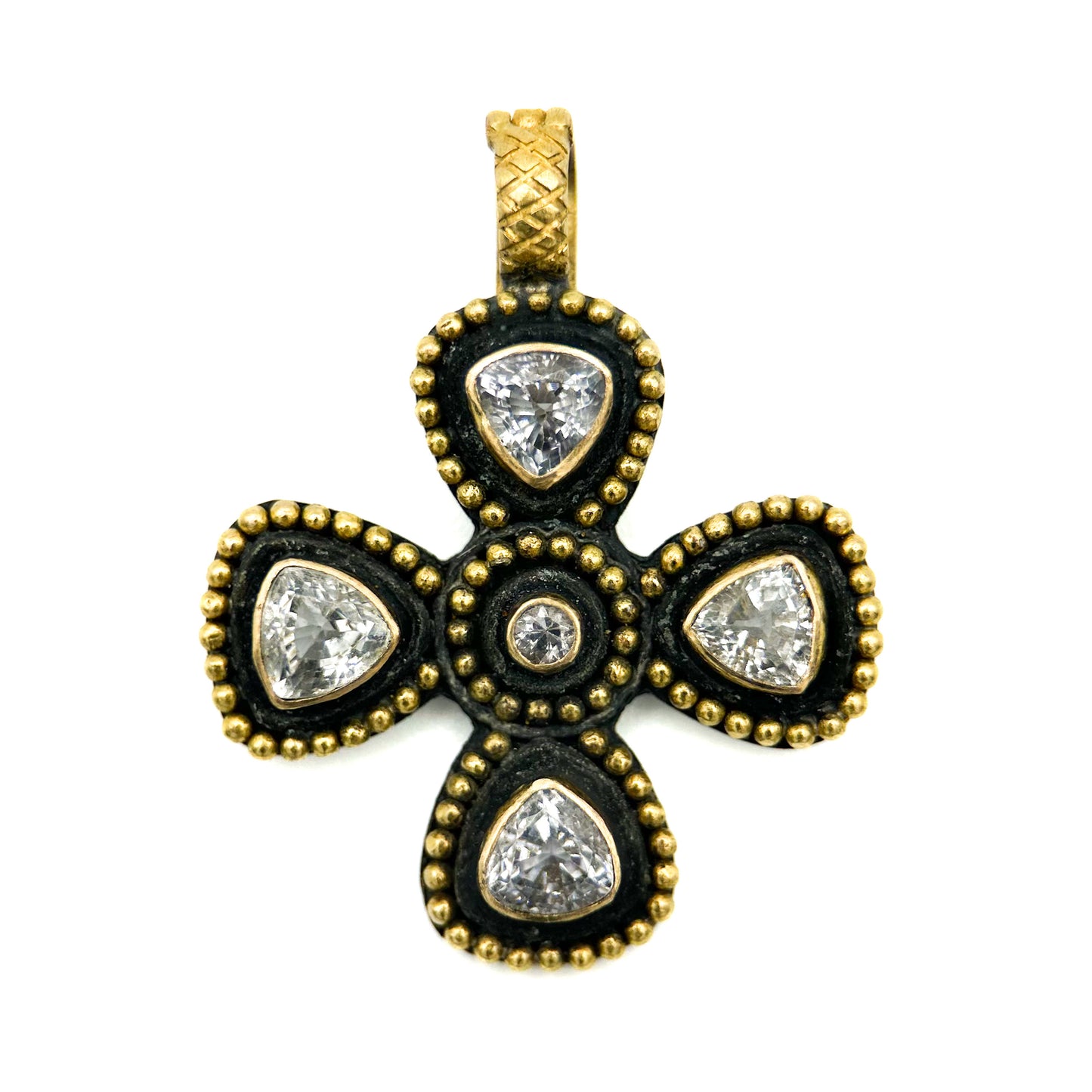 "Mini Malta Cross" Pendant (Natural White Zircon, 18k Gold, Oxidized Sterling Silver)