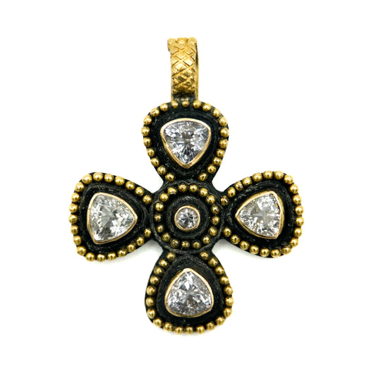 "Mini Malta Cross" Pendant (Natural White Zircon, 18k Gold, Oxidized Sterling Silver)
