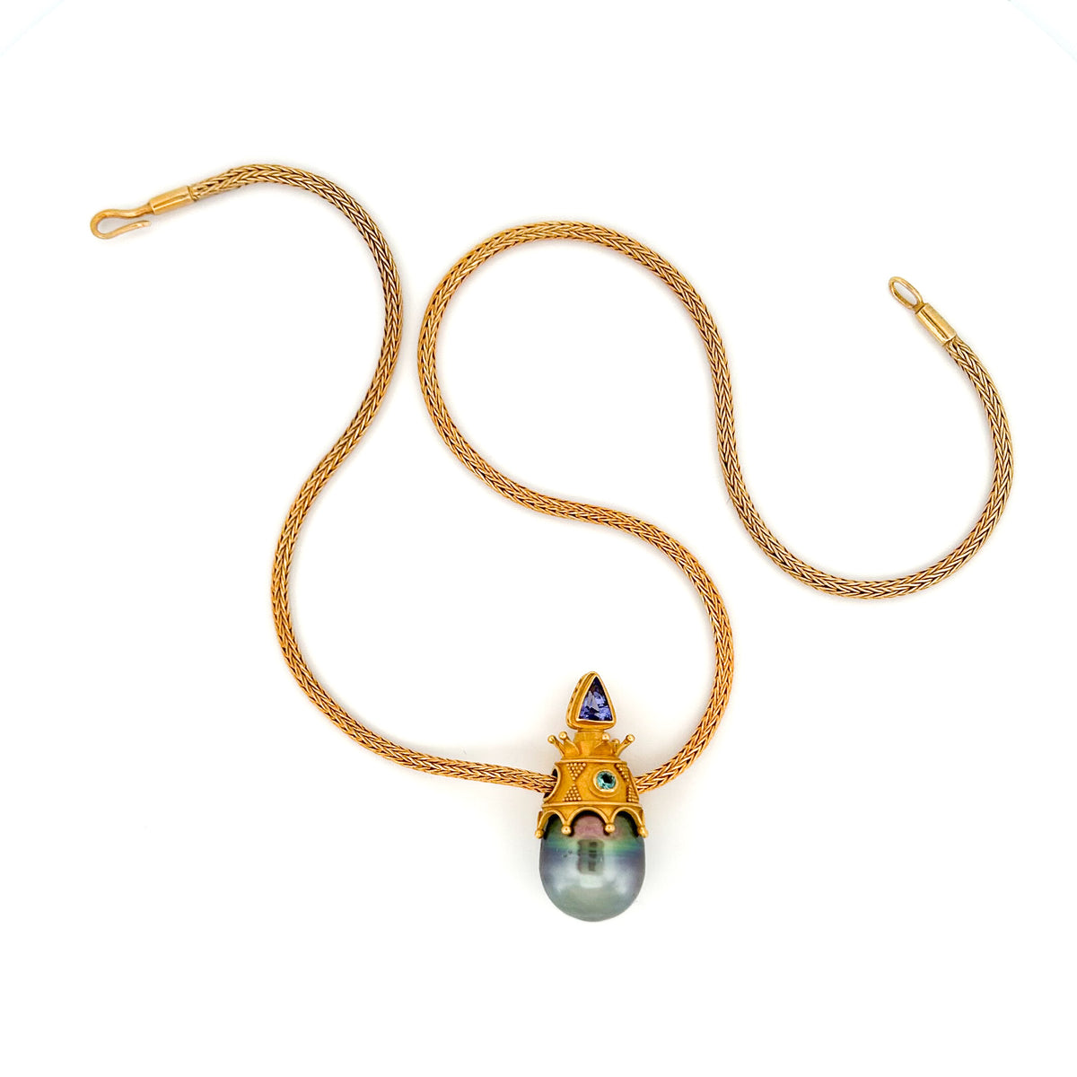 "Demeter" Pendant (Tahitian Pearl, Tanzanite, Paraiba Tourmaline, 22k Gold)