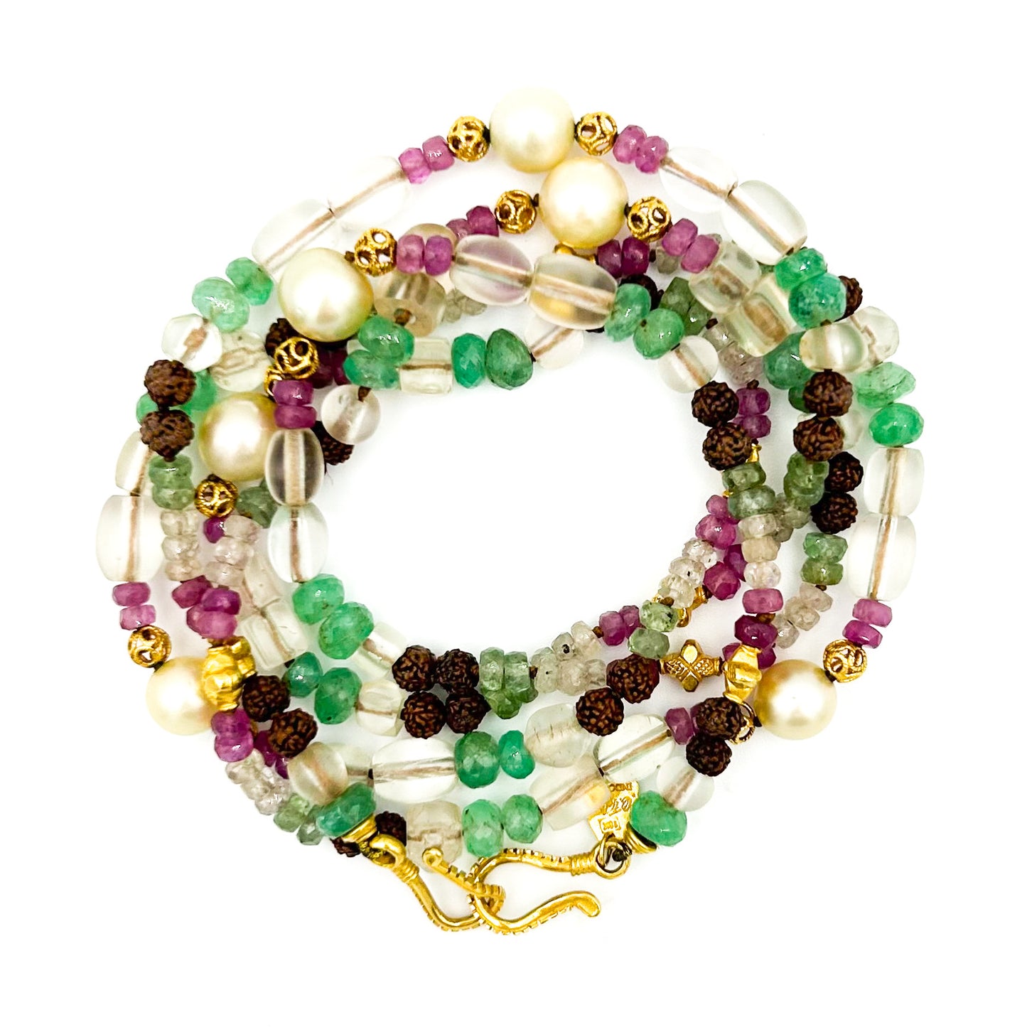"Kerala" Tassel Mala-style Necklace (Emerald, Chrysoprase, Ruby, Crystal, Rudraksha Seeds, Silk, 22k, 18k Gold)