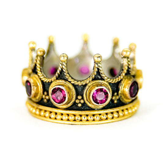 "Gothic Crown Princess" Ring (Rubellite Tourmaline, 22k, 18k Gold, Oxidized Sterling Silver)