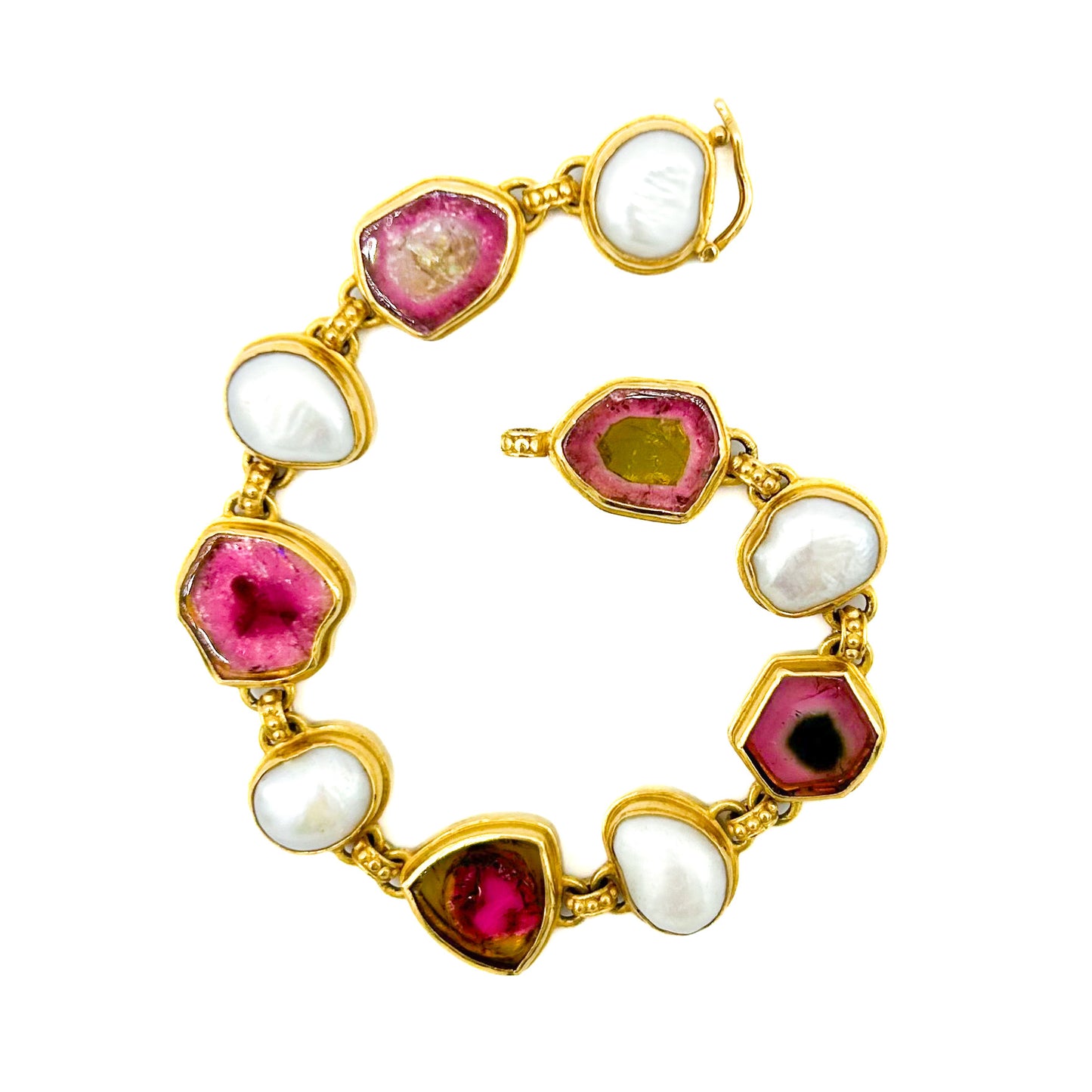 "Hard Candy" Bracelet (Watermelon Tourmaline, Pearl, 22k, 18k Gold)