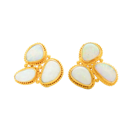 "Jawan Cluster" Stud Earrings (White Australian Opal, 22k, 18k Gold)