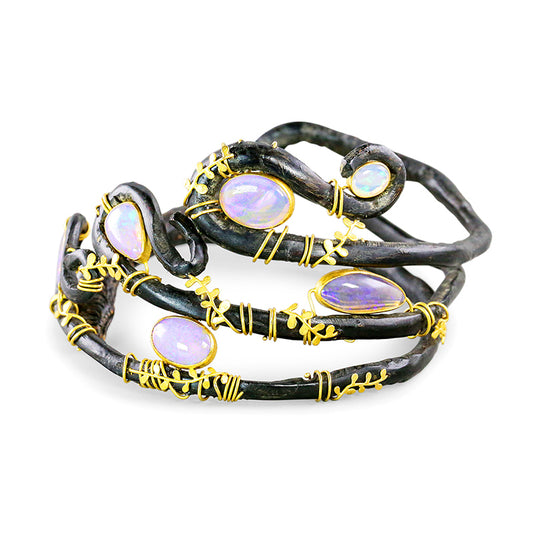 "Seaweed" Bangle Bracelet (Australian Opal, Black Coral, 18k Gold)