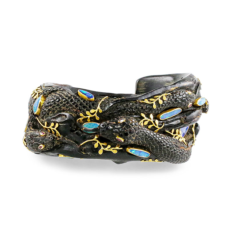 "Seaweed Serpent" Cuff Bracelet (Australian Opals, Black Coral, Ruby, 18k Gold)