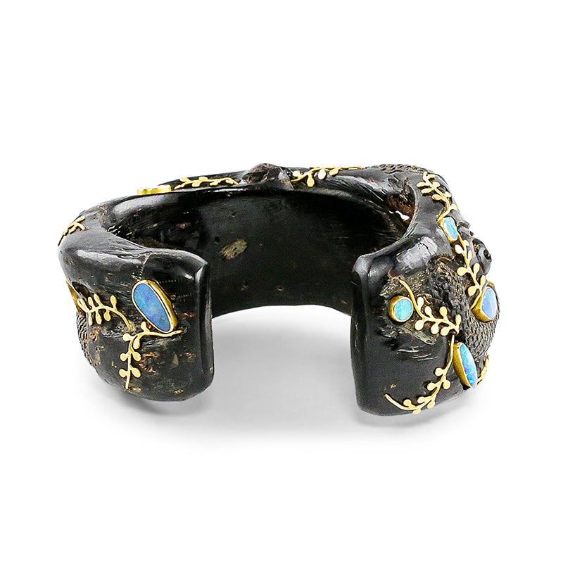 "Seaweed Serpent" Cuff Bracelet (Australian Opals, Black Coral, Ruby, 18k Gold)