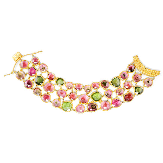 "Watermelon Fishnet" Bracelet (Watermelon Tourmaline, 22k Gold)