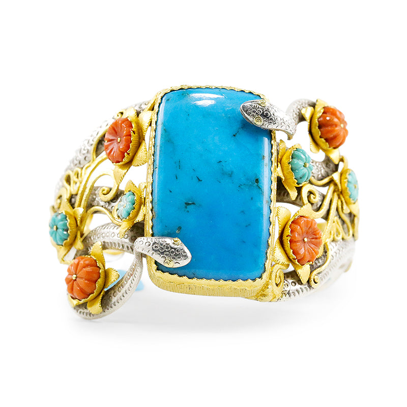 "Snake Flower" Cuff Bracelet (Italian Coral, Arizona Turquoise, Silver, 22k Gold)