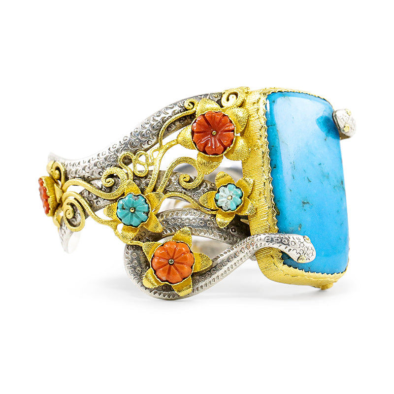 "Snake Flower" Cuff Bracelet (Italian Coral, Arizona Turquoise, Silver, 22k Gold)