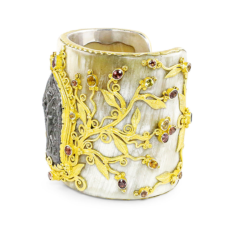 "Angkor" Cuff Bracelet (Antelope Horn, Sapphires, Garnets, 22k Gold, Silver)