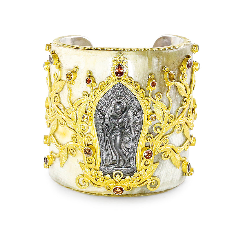 "Angkor" Cuff Bracelet (Antelope Horn, Sapphires, Garnets, 22k Gold, Silver)